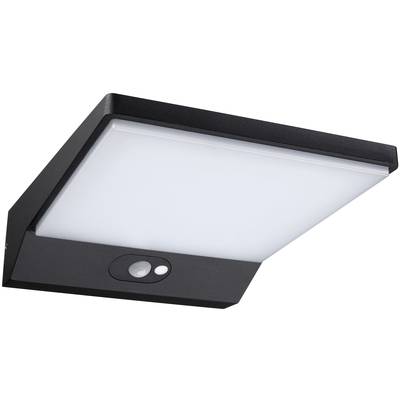 Schwarze, rechteckige LED-Wandleuchte mit Bewegungsmelder, geeignet für Außenbereiche. Flaches Design für moderne Beleuchtungslösungen.