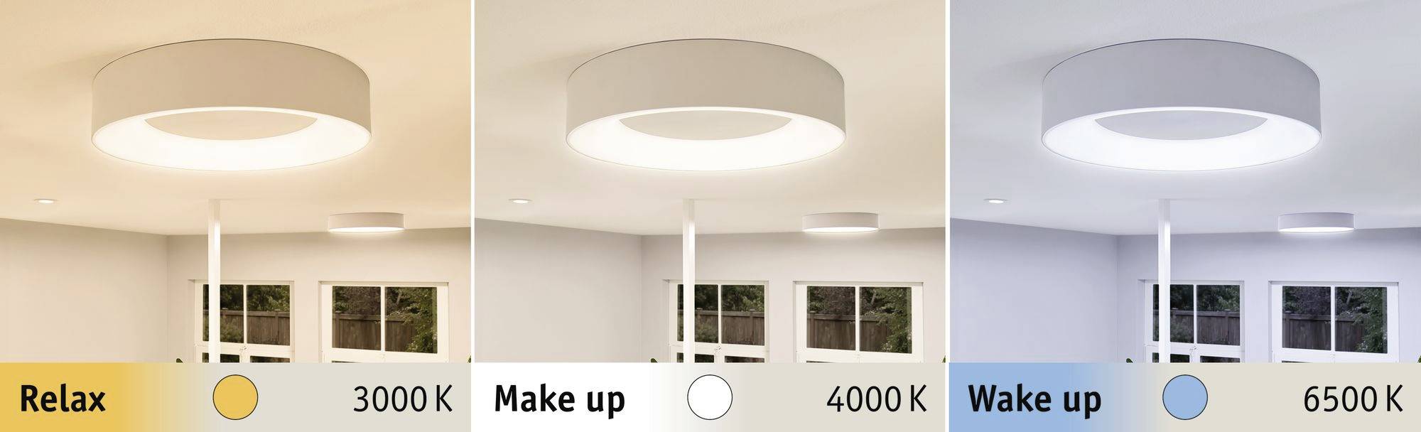 Drei Ansichten einer Deckenleuchte mit unterschiedlichen Lichtfarben: warmes Relax-Licht (3000K), neutrales Make-up-Licht (4000K), kaltes Wake-up-Licht (6500K).