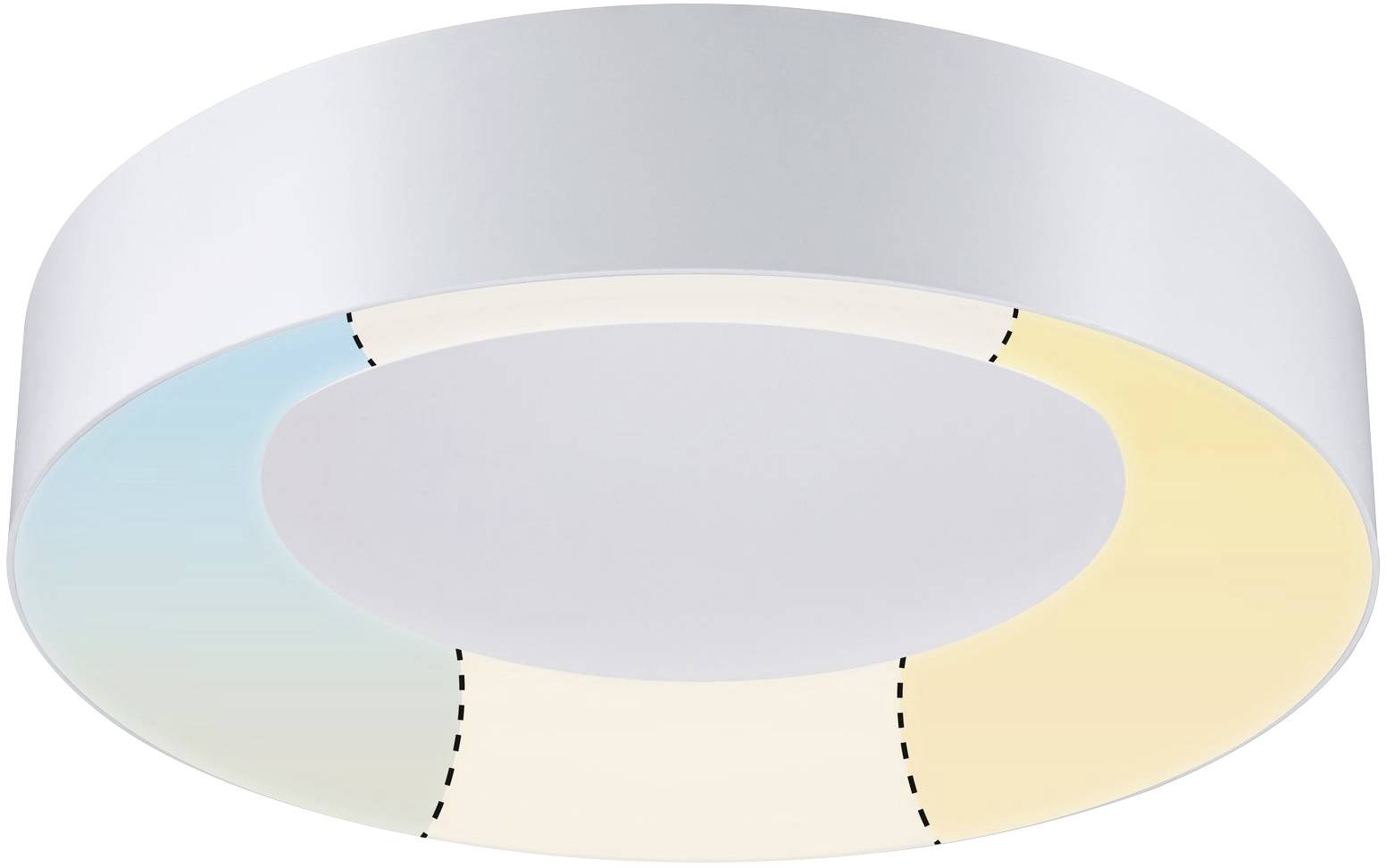 Runde Deckenlampe mit blau-weißen Segmenten, die auf Beleuchtungsoptionen hinweisen. Perfekt für moderne Innenräume.