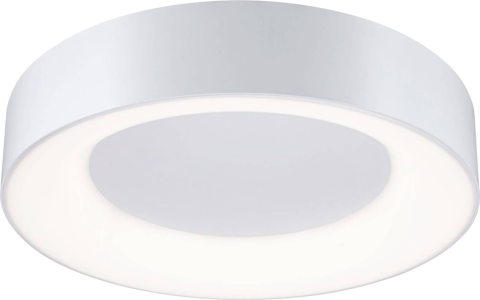 Runde, flache Deckenleuchte mit weißem Rand und zentralem, leuchtendem Bereich. Schlichtes, modernes Design.