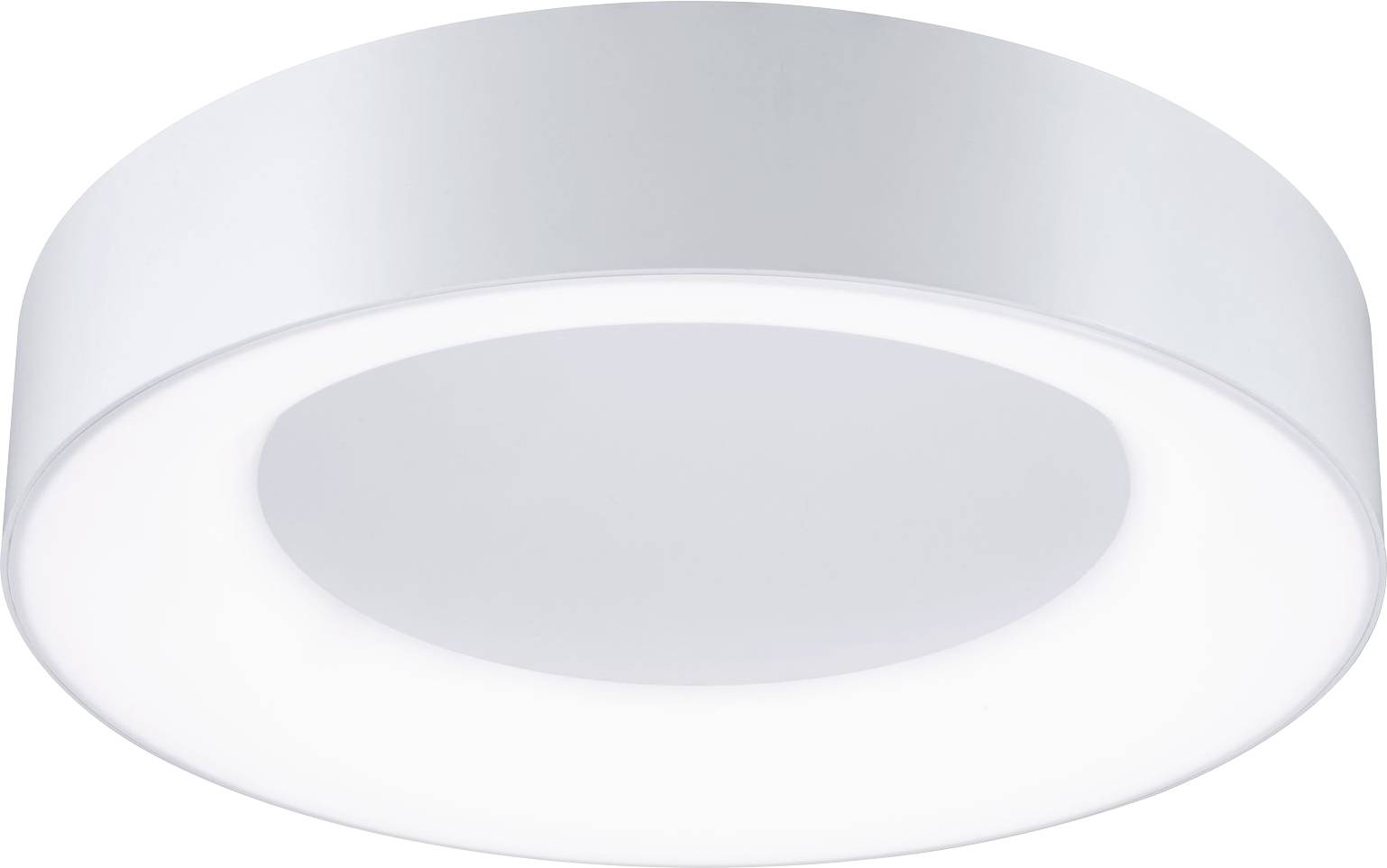 Runde, flache Deckenleuchte mit weißem Rahmen und diffuser Lichtabdeckung, geeignet für moderne Innenräume.