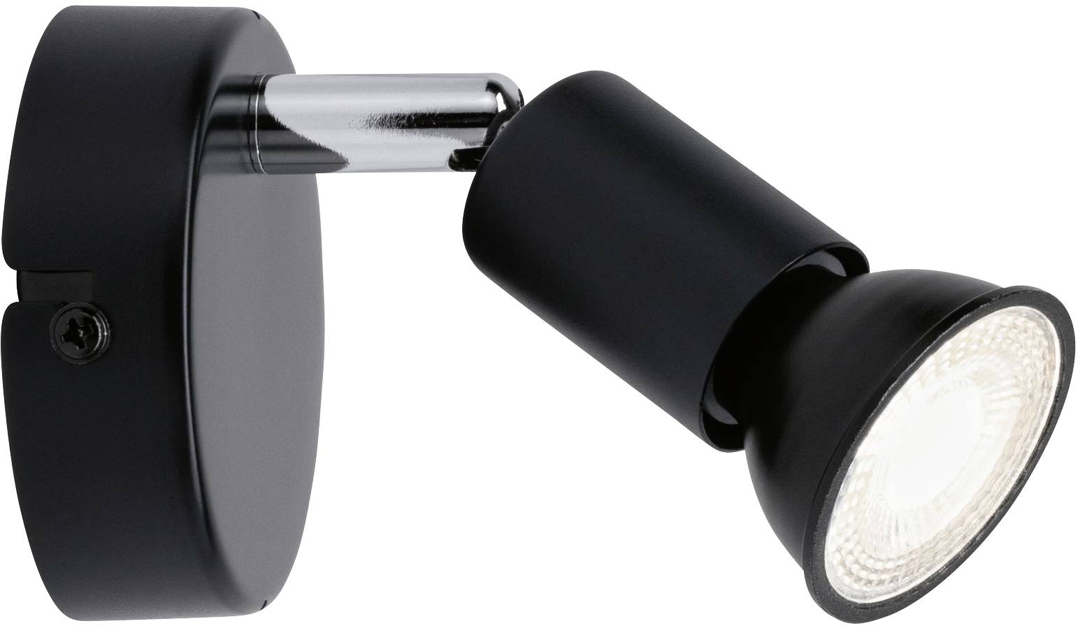 Eine schwarze Wandlampe mit verstellbarem Spot leuchtet in eine Richtung.