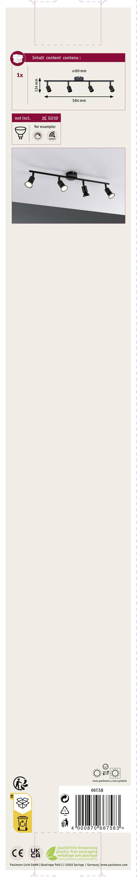 Produktverpackung einer LED-Deckenleuchte mit vier verstellbaren Lampenköpfen, abgebildet an einer Zimmerdecke, energiesparend.