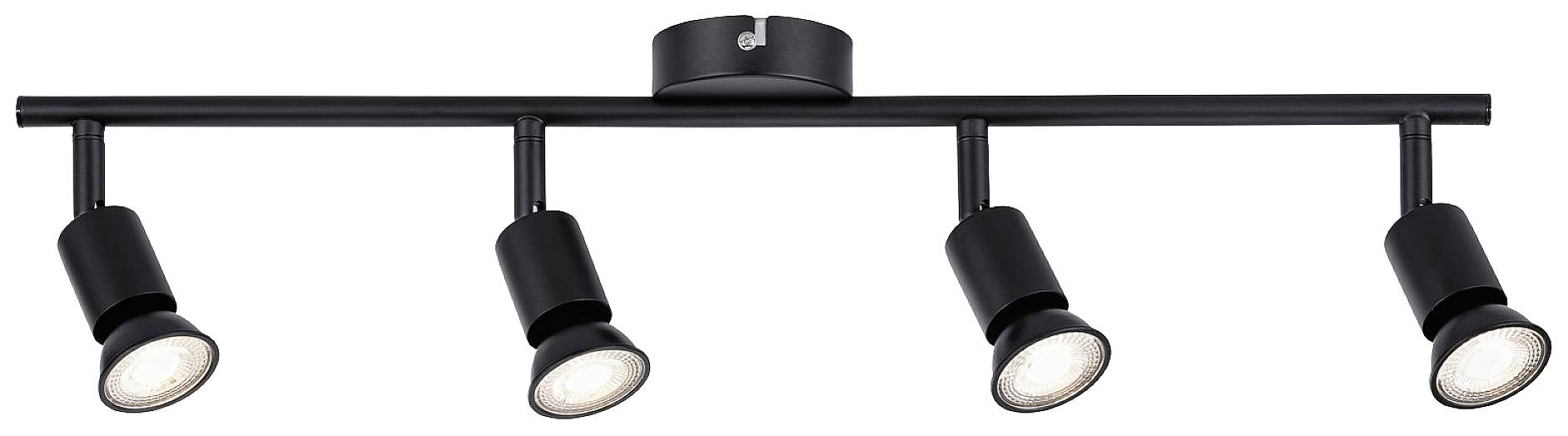 Schwarze Deckenleuchte mit vier verstellbaren Strahlern, die gleichmäßig auf einem Balken verteilt sind. Ideal für flexible Beleuchtung.