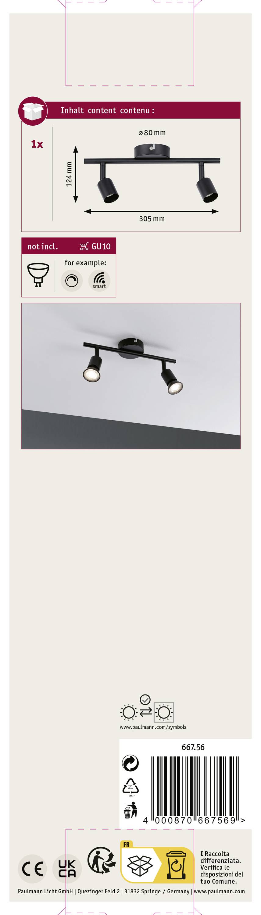 Verpackung eines Deckenstrahlers mit zwei verstellbaren Leuchten. Enthält Angaben zur Größe (305 mm), Spannung (230 V) und Fassung (GU10).