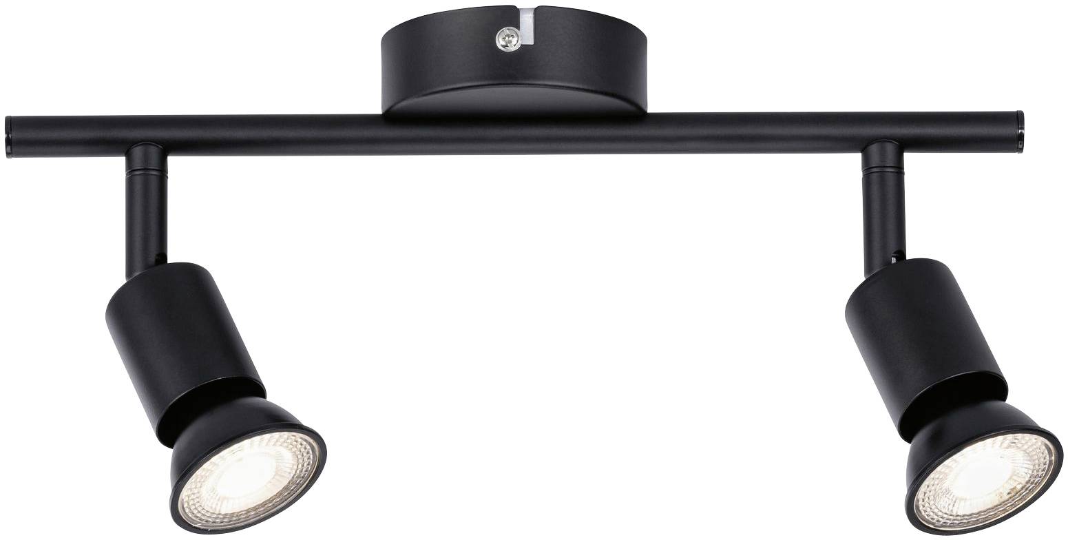 Schwarzer Deckenstrahler mit zwei verstellbaren Leuchten, ideal zur gezielten Beleuchtung in modernen Wohnräumen.