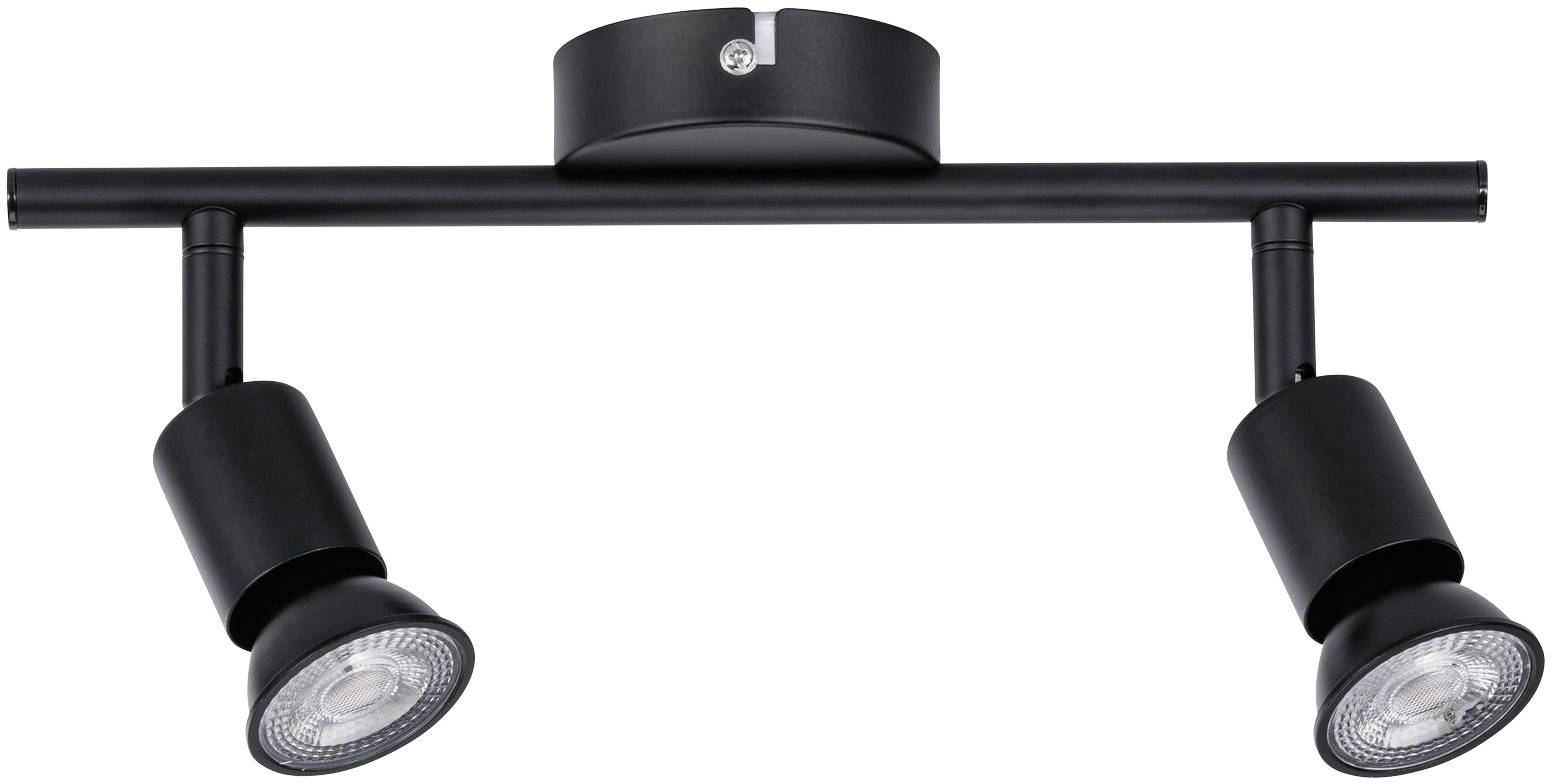 Schwarze, moderne Deckenleuchte mit zwei verstellbaren Spots, montiert auf einem geraden Balken und rundem Sockel.