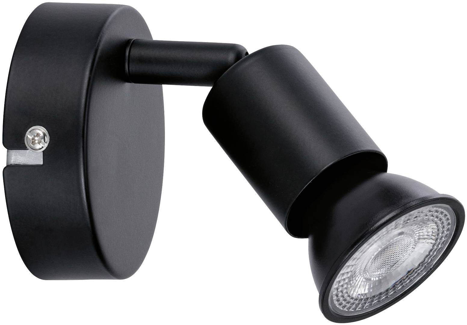 Schwarze, runde Wandlampe mit verstellbarem Spotstrahler. Ideal zur Akzentbeleuchtung in modernen Innenräumen.