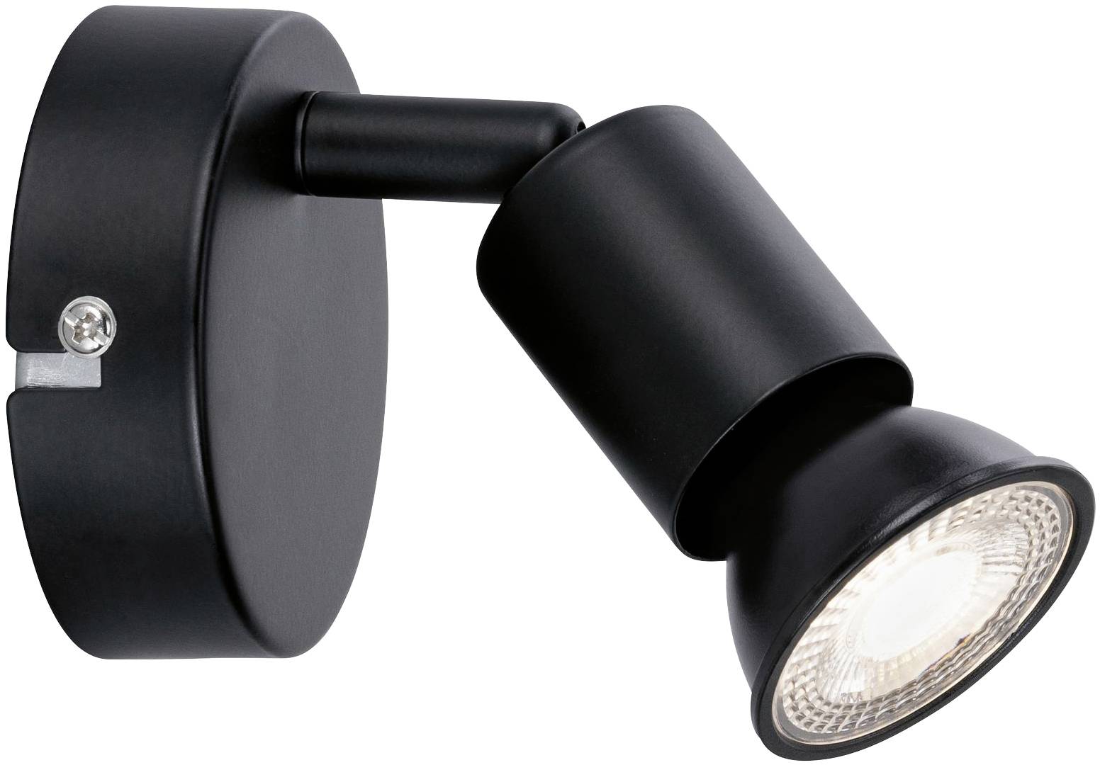 Schwarze Wandleuchte mit rundem Sockel und einem verstellbaren Strahler, der warmweißes Licht abstrahlt. Ideal für gezielte Beleuchtung.