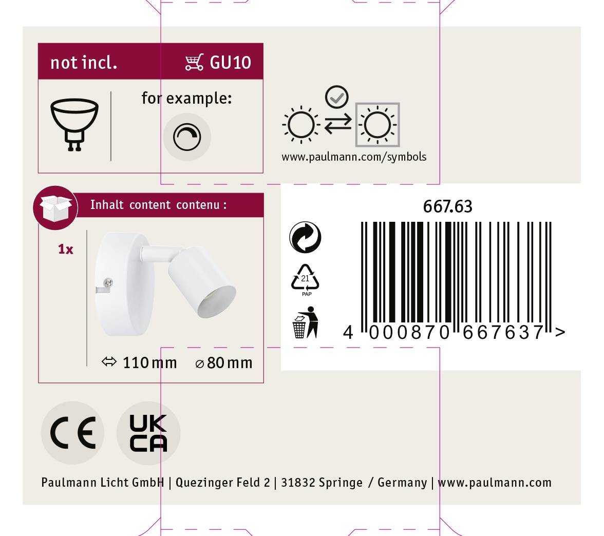 Verpackung eines Strahlers ohne GU10-Lampe, mit Abbildung des Produkts, CE- und UKCA-Zeichen, Barcode und Kontaktinformationen.