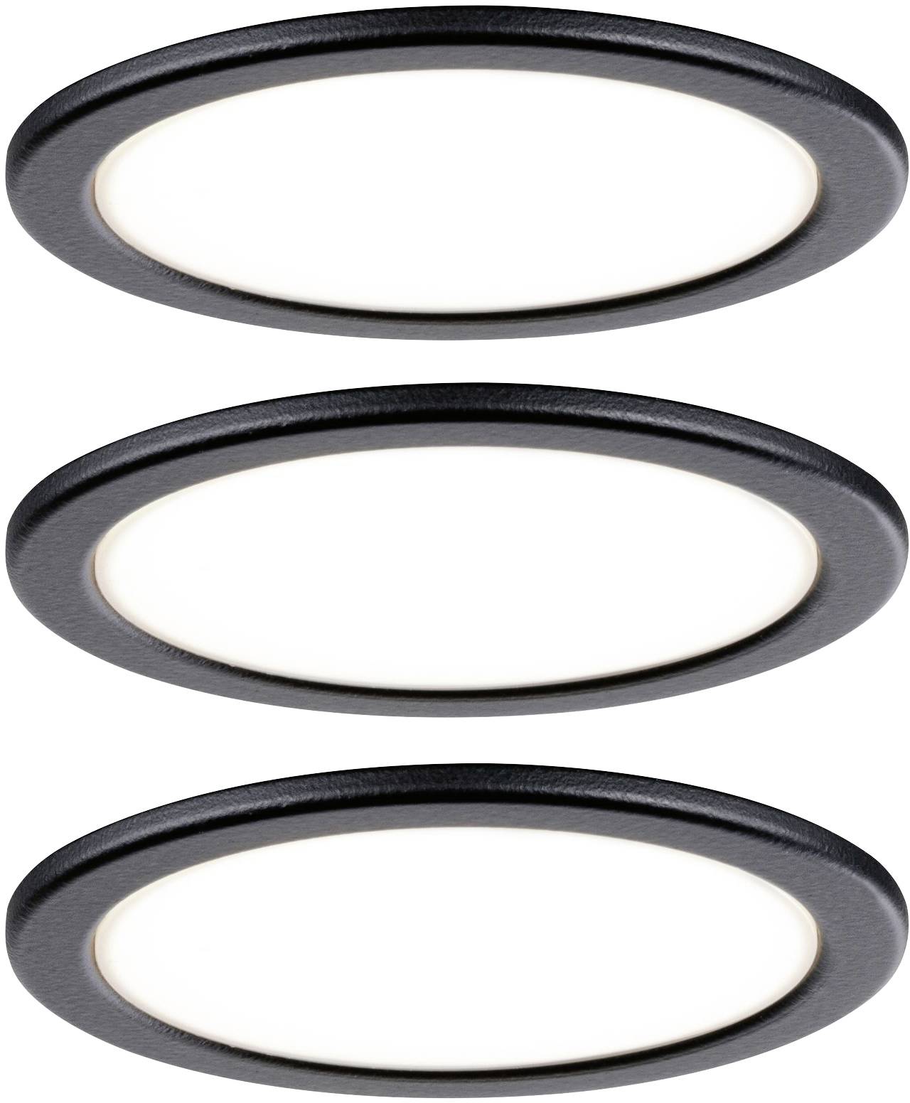 Drei runde, schwarze LED-Deckenleuchten in einer vertikalen Reihe. Sie leuchten hell und gleichmäßig.