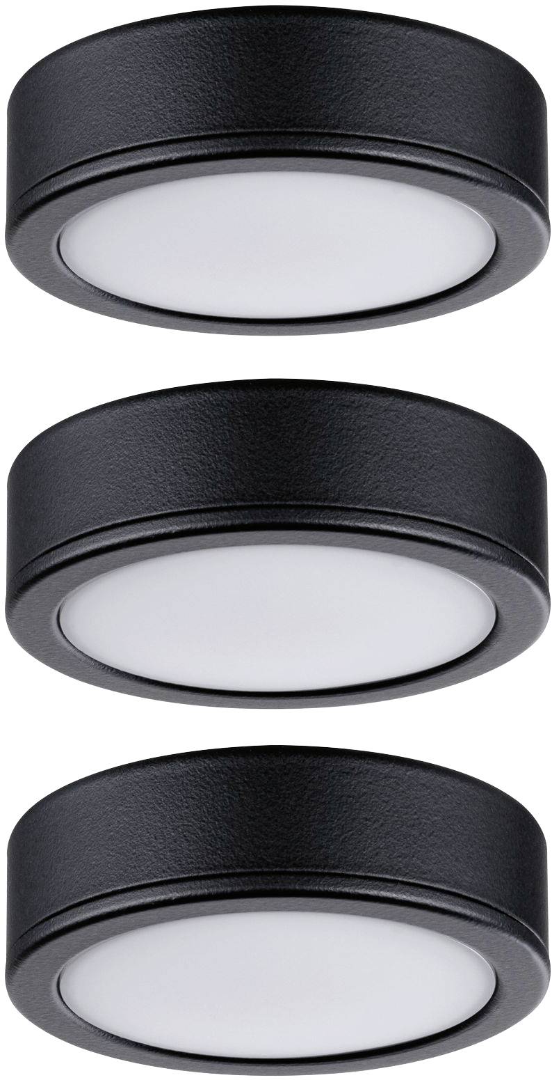 Drei runde, schwarze LED-Unterbauleuchten mit weißer Lichtfläche. Die Leuchten sind stapelbar und geeignet für Schränke oder Regale.