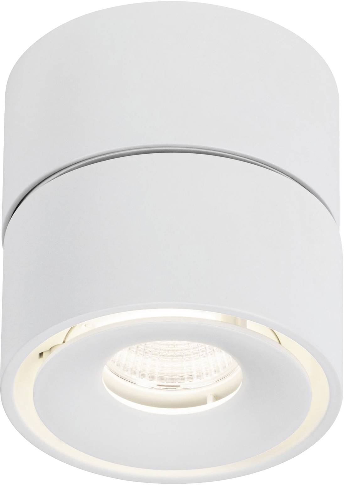 Weiße zylindrische Deckenleuchte mit sichtbarem Leuchtmittel in der Mitte, geeignet für moderne Innenräume.