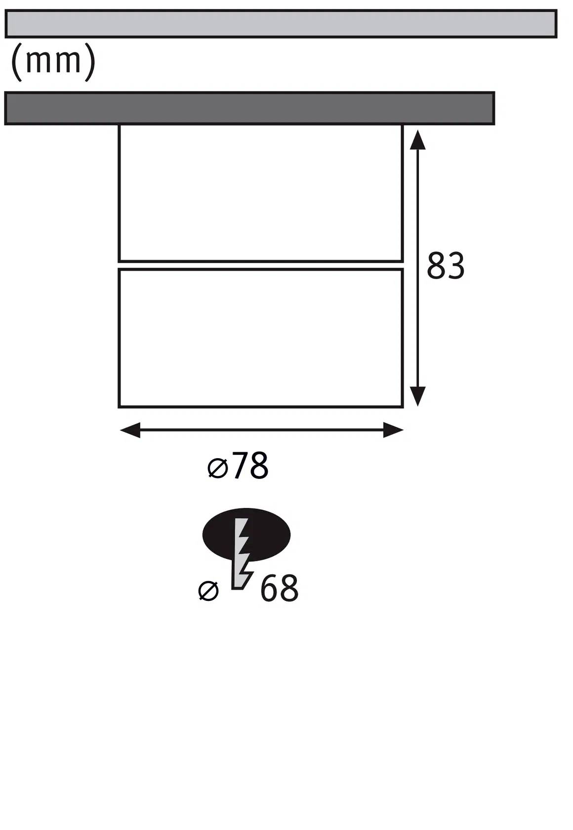'Technische Zeichnung einer Struktur mit vertikaler Linie 83 mm und horizontaler Linie 78 mm. Ein Kreis, oben 78 mm und unten 68 mm.'