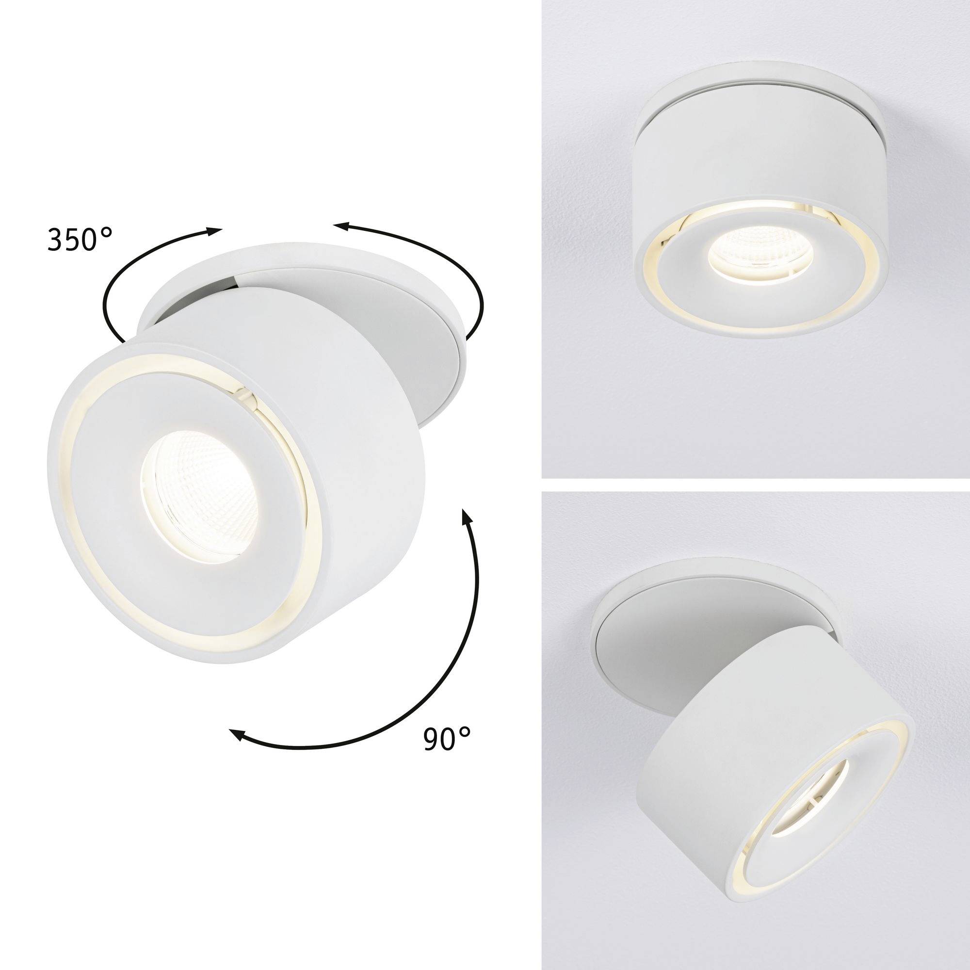 Spotleuchte mit drehbarer und schwenkbarer Funktion. Oben zeigt die Leuchte eine 350°-Drehung, unten eine 90°-Schwenkung.