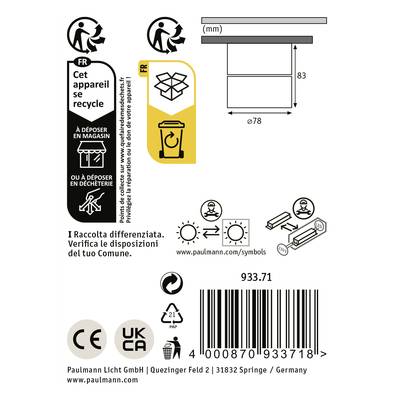 'Technische Skizze einer Lampe', zeigt Abmessungen: Höhe 83mm, Durchmesser 78mm. Symbole für Recycling, Sicherheitshinweise, Herstellerinformationen.