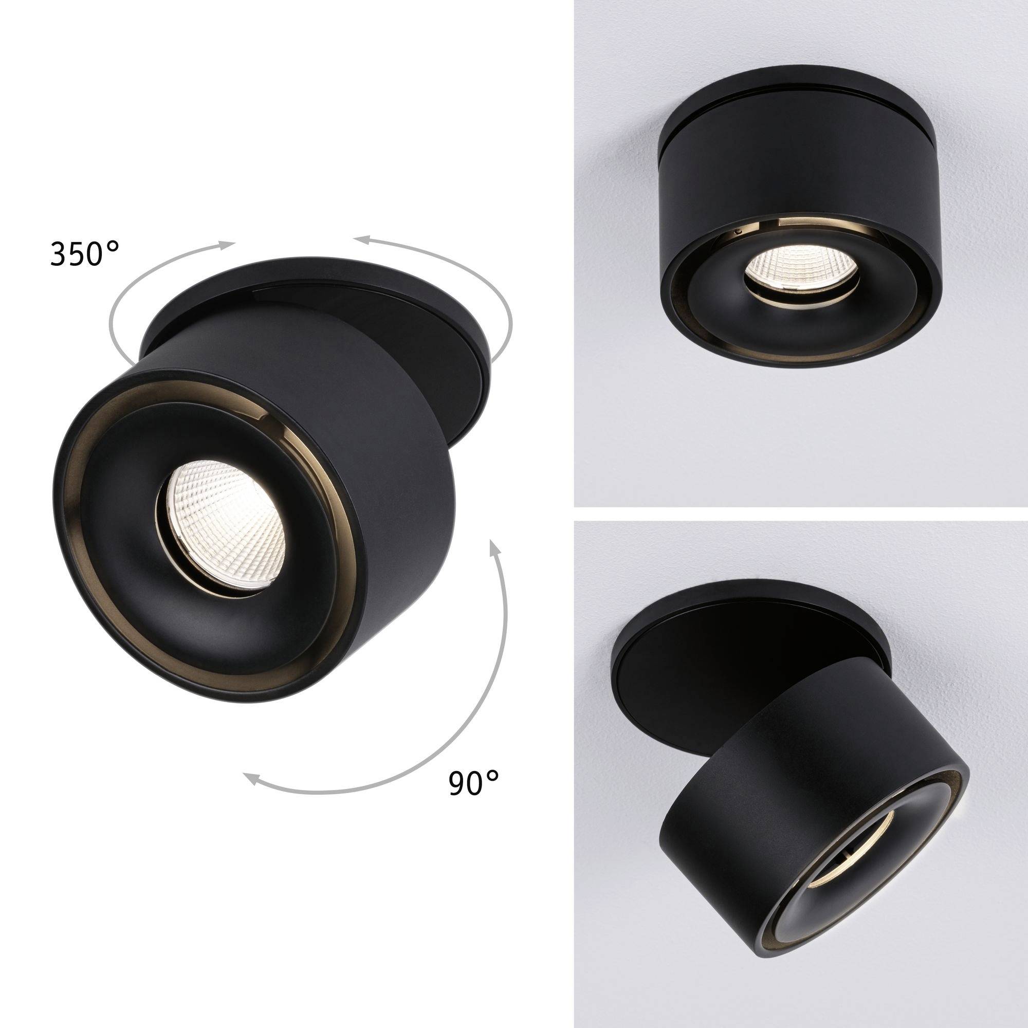Schwarze, drehbare Deckenleuchte zeigt Beweglichkeit: 350° horizontal, 90° vertikal. Zwei Ansichten, eine frontal, eine schräg.