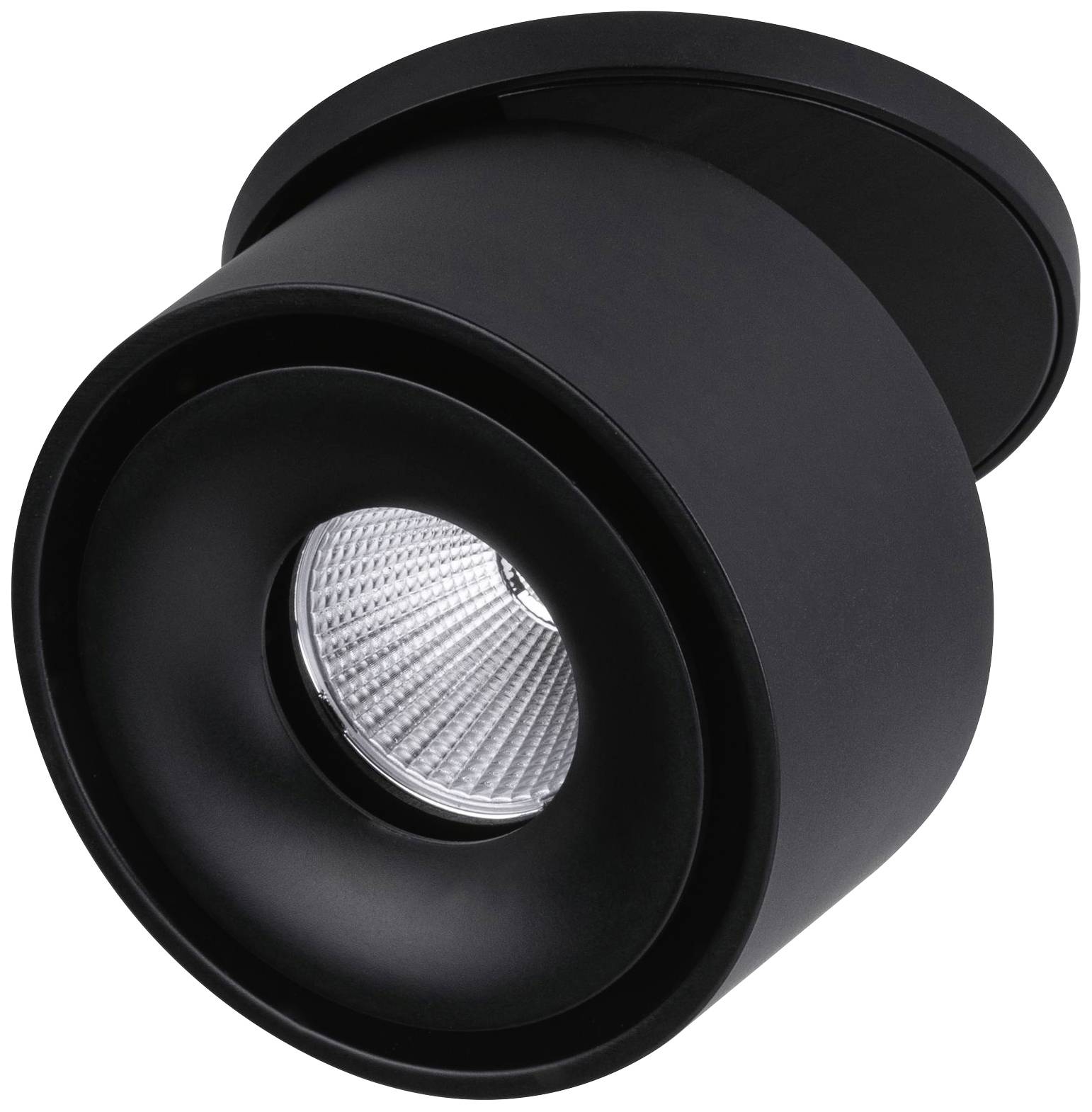 Schwarze zylindrische LED-Deckeneinbauleuchte, schwenkbar mit reflektierendem Innenbereich, geeignet für moderne Inneneinrichtungen.