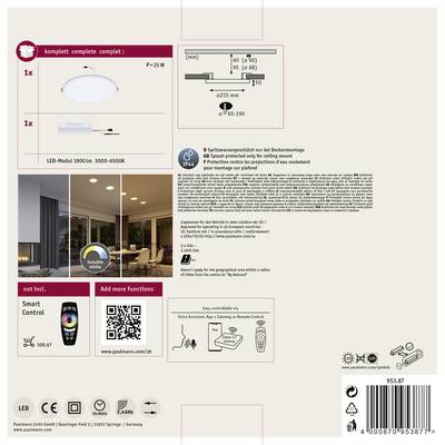 'Komplettsatz für Deckenleuchte: LED-Modul 1900 lm, 3000-4500K, Fernbedienung enthalten. Abmessungen: Ø25 mm, 9-60-190.'