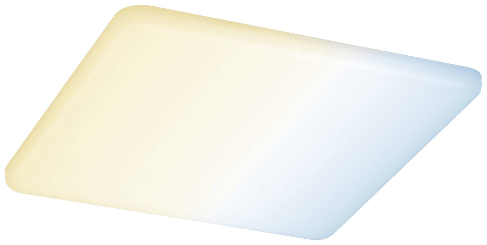Rechteckige LED-Deckenleuchte mit sanftem Übergang von warmweißem zu kaltweißem Licht.