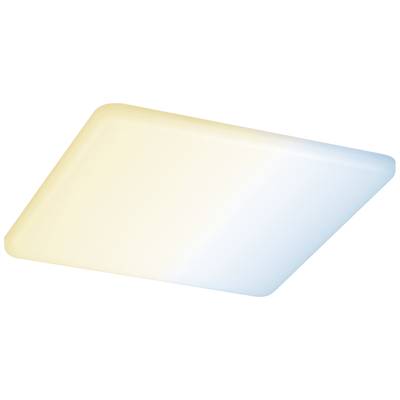 Rechteckige LED-Deckenleuchte mit sanftem Übergang von warmweißem zu kaltweißem Licht.