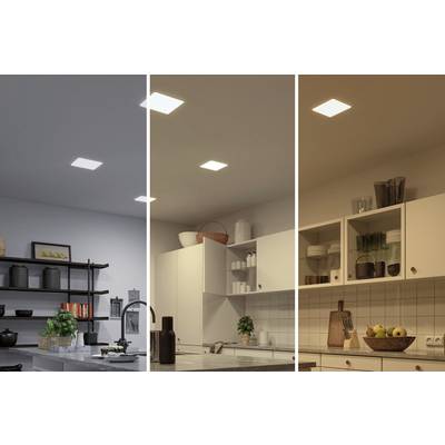 Beleuchtungsbild zeigt drei Szenen in einer Küche mit variierenden Lichttemperaturen: kaltweiß, neutralweiß und warmweiß.