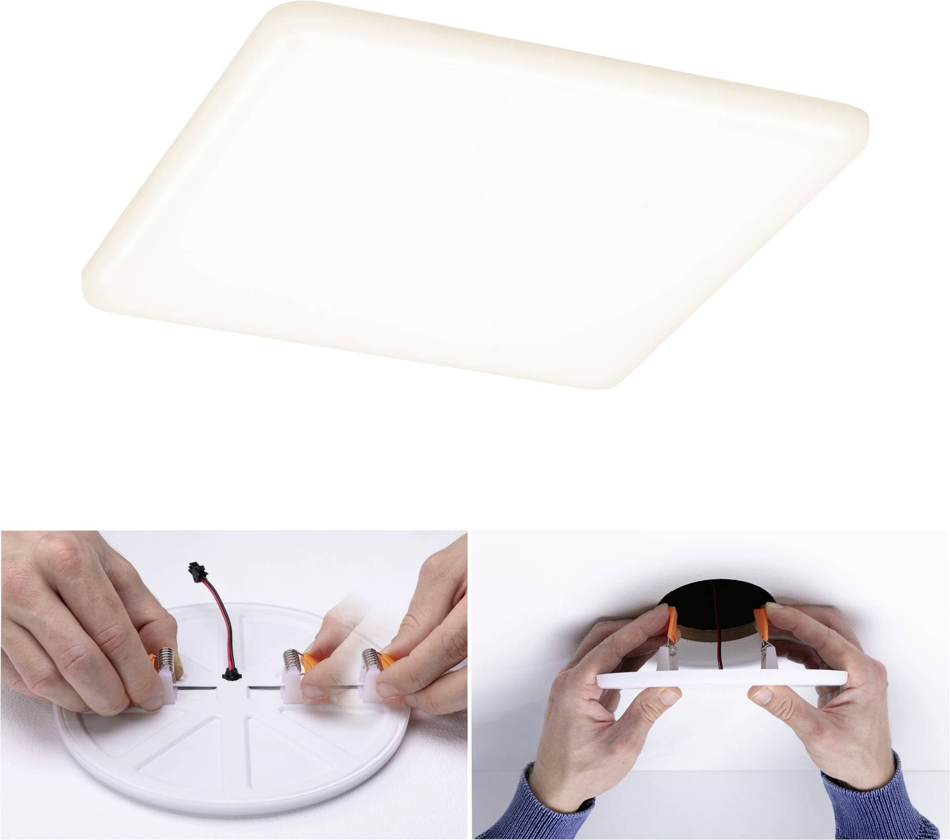 Quadratische Deckenleuchte mit matter Oberfläche. Zwei Hände montieren das Licht an einer weißen Basis, dann an die Decke.