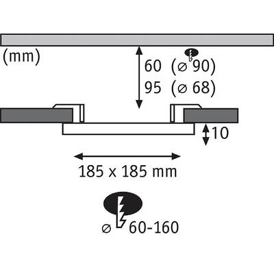 Diagramm eines Beleuchtungseinbaus: Maße 185 x 185 mm, Einbautiefe 10 mm, Verstellbereich von 60 bis 160 mm.