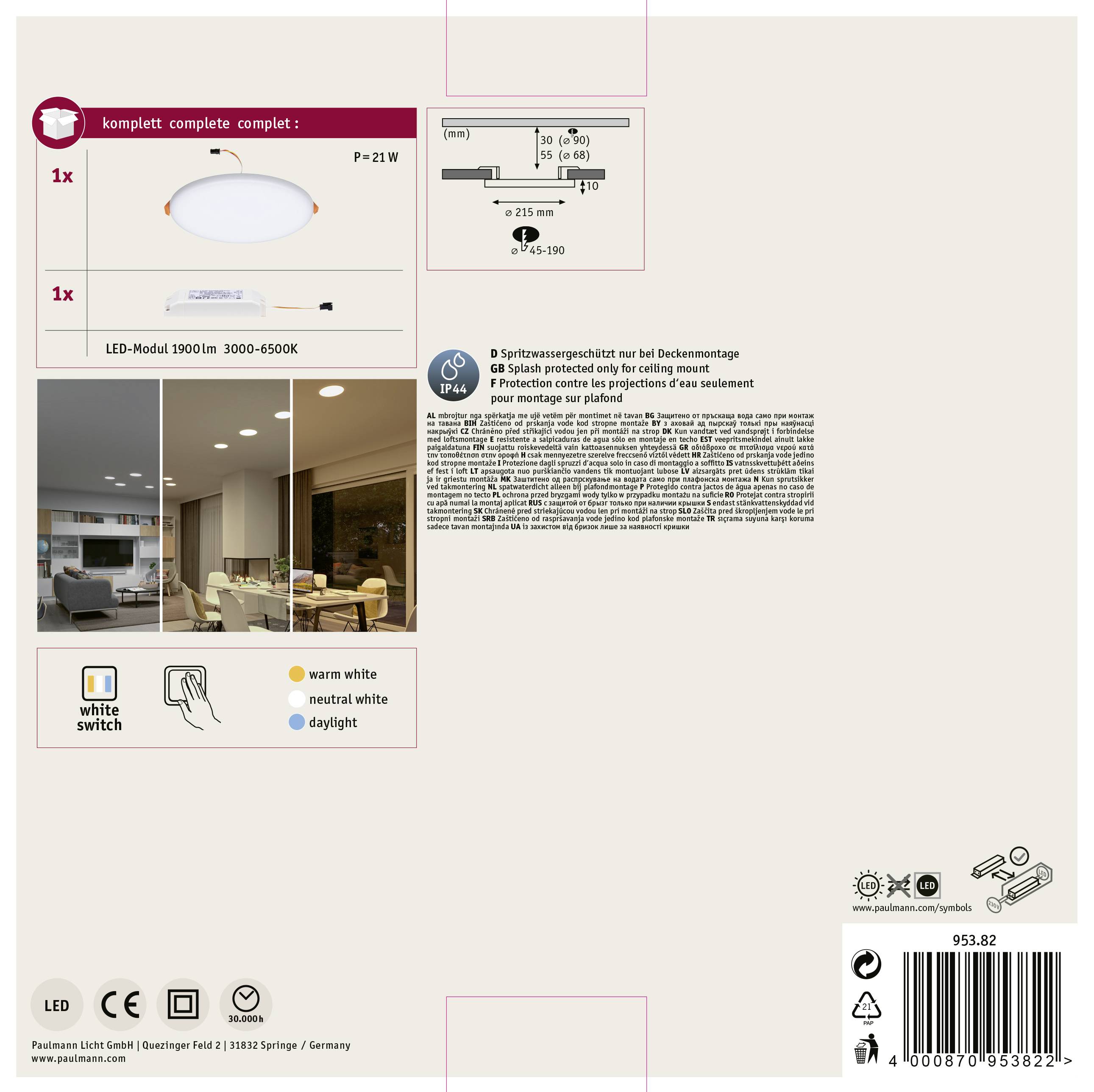 Verpackung eines LED-Deckenleuchten-Sets. Enthält zwei Bilder der Lampe in einem Wohnraum, technische Spezifikationen und Montageanweisungen.