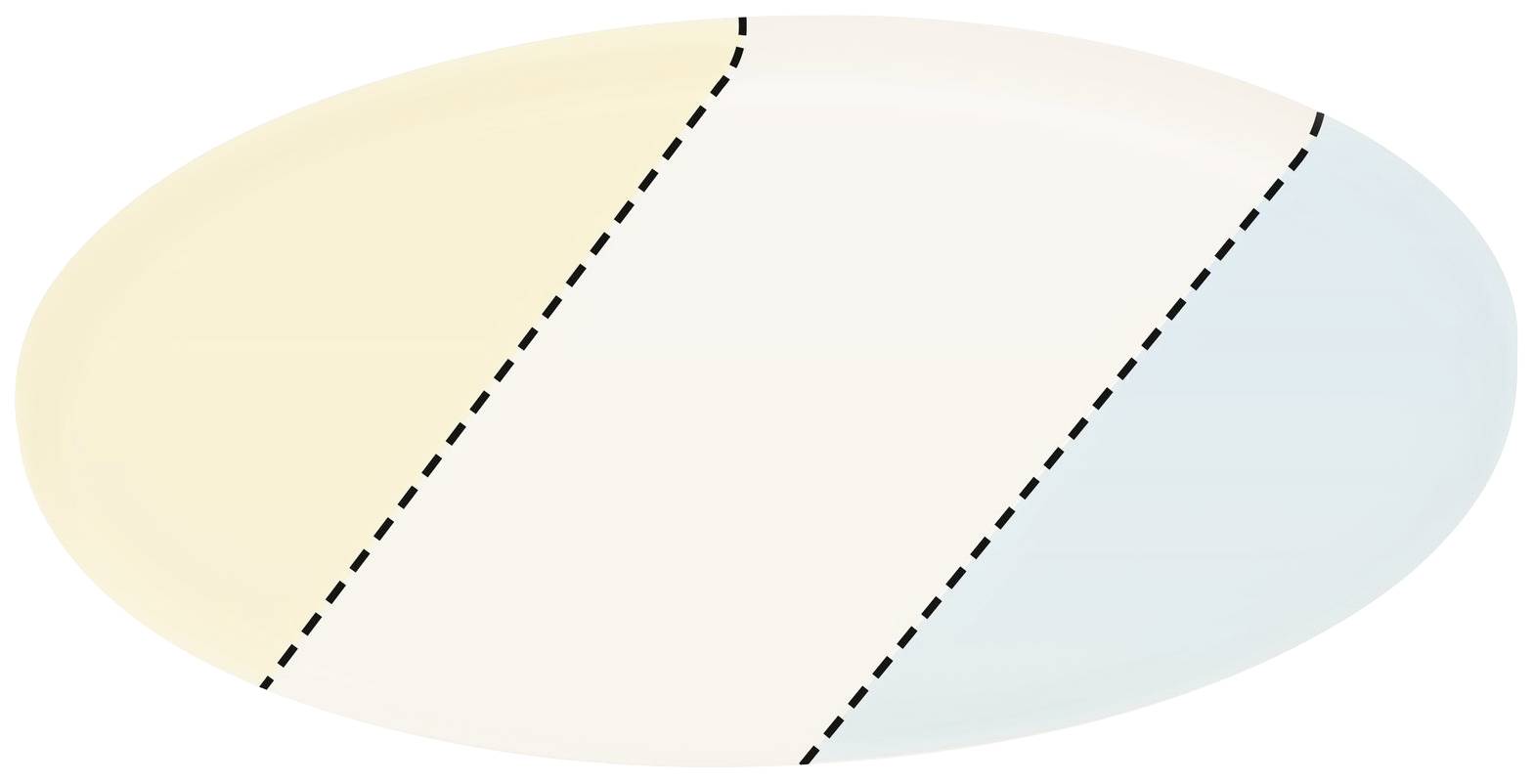 Ovale Form mit drei farbigen Segmenten: links gelb, mittig weiß, rechts blau, getrennt durch schwarze Strichlinien.