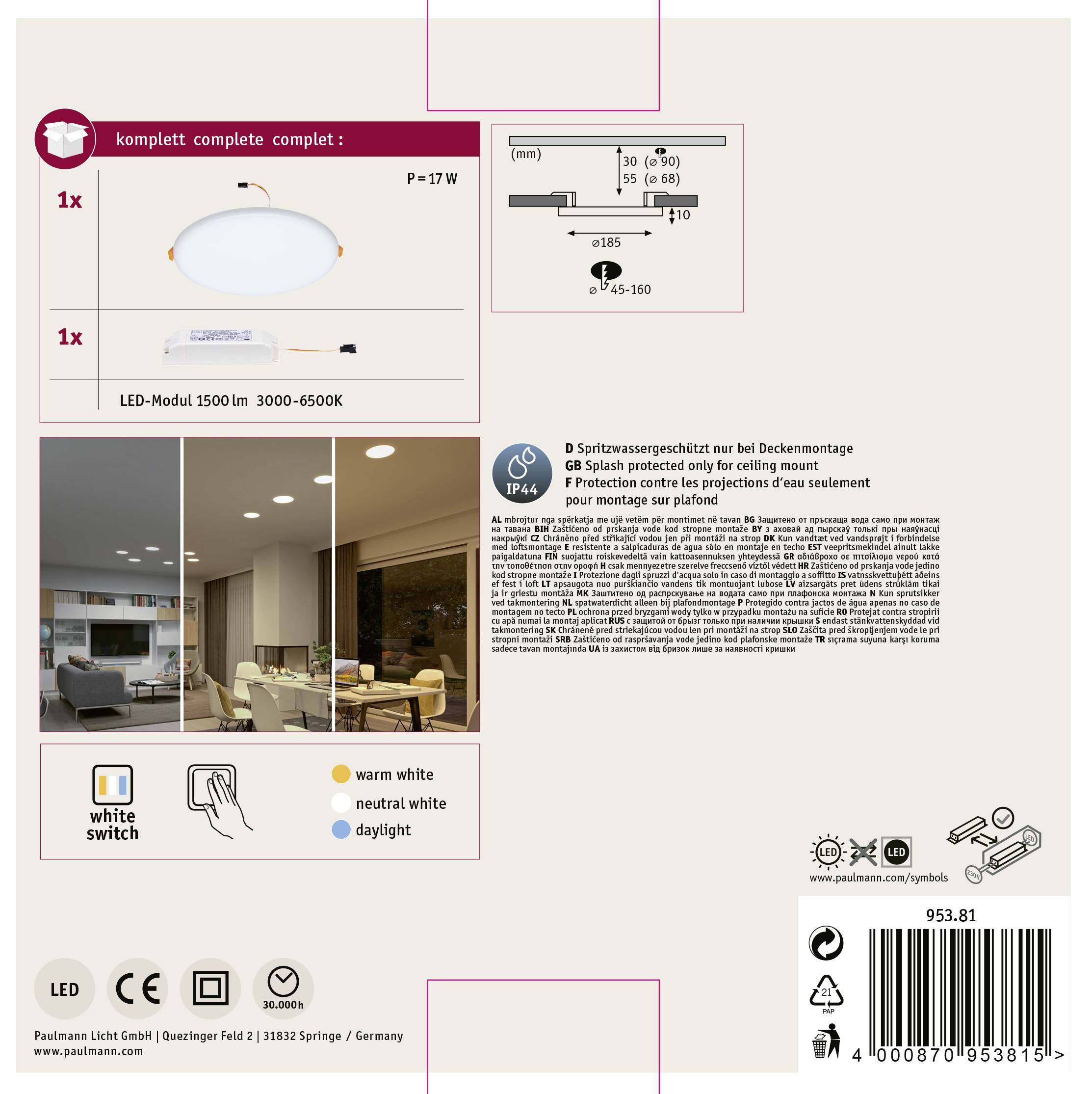 Verpackungsrückseite einer LED-Deckenleuchte mit Angaben zu Wattzahl und Lichtfarben. Abbildungen von Wohnräumen und technischen Zeichnungen.