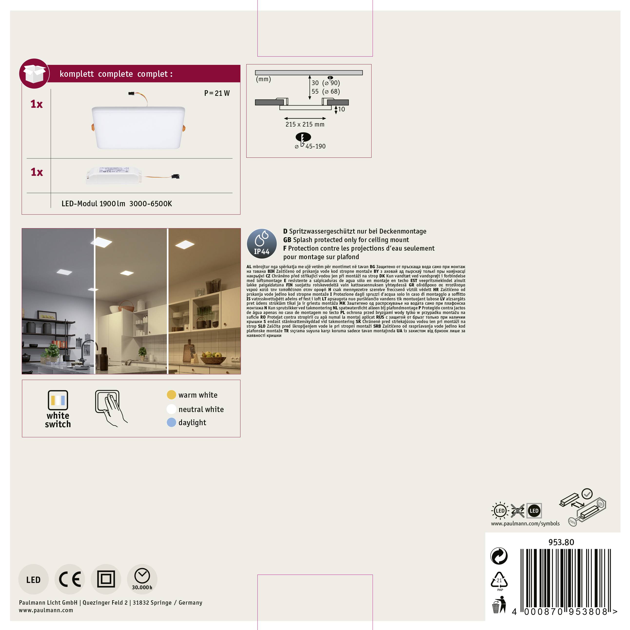 Rechteckige LED-Deckenleuchte-Verpackung mit Produktabbildung. 1900 lm, 3000-6500K. Enthält Montagedetails und technische Spezifikationen.