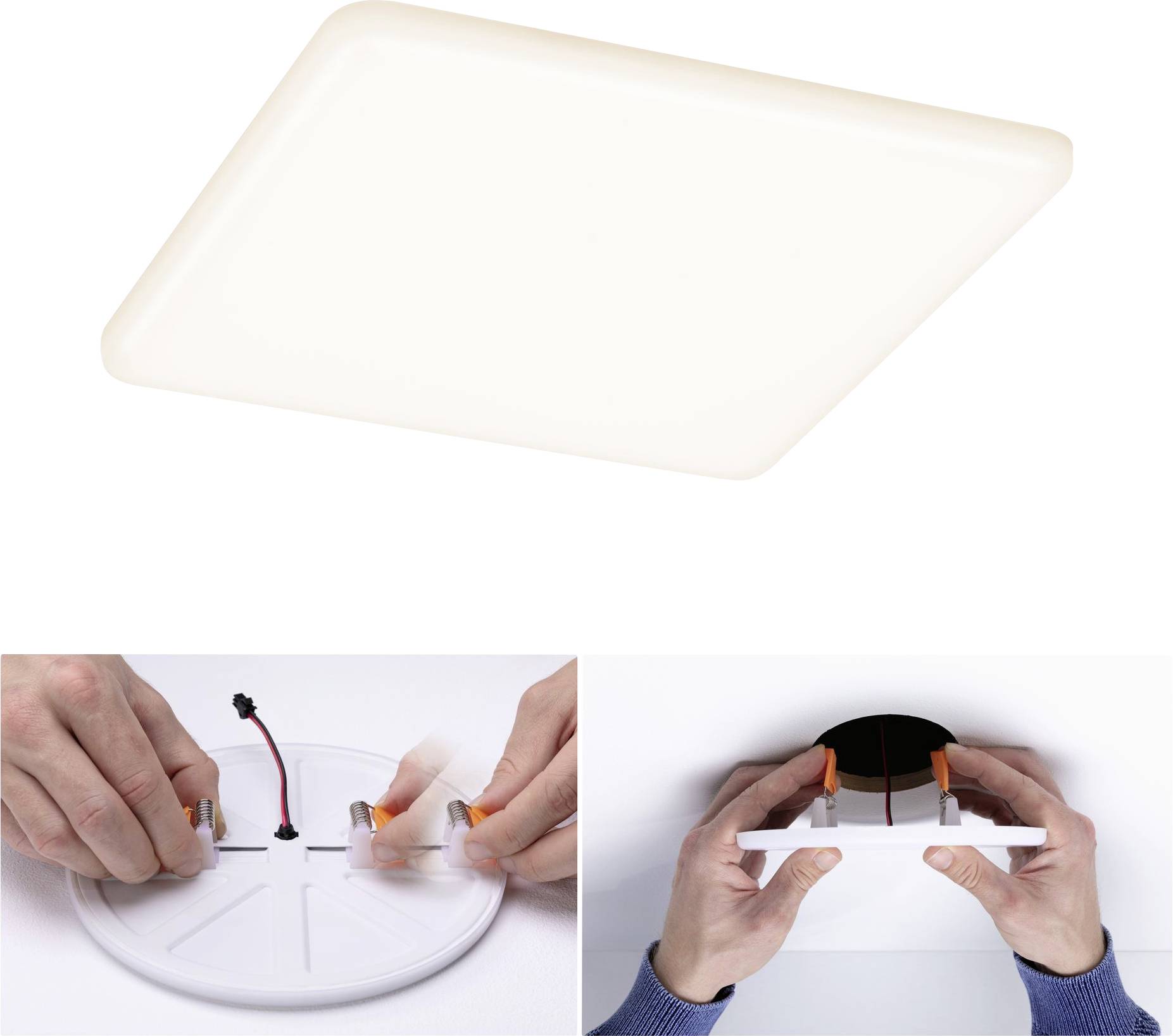 Quadratische Deckenleuchte, warmes Licht. Unten: Hände installieren die Leuchte, Kabel werden in die Anschlüsse gesteckt.