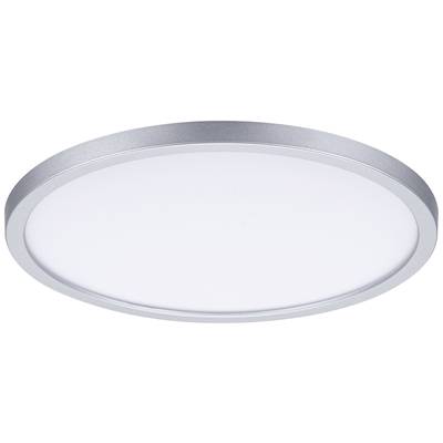 Runde, flache LED-Deckenleuchte mit silbernem Rand und weißer Lichtfläche. Ideal für moderne Räume mit schlichter Ästhetik.