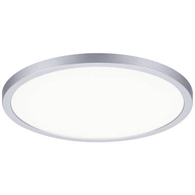 Eine runde, silberne Deckenleuchte mit weißem Leuchtmittel. Die Lampe hat ein schlichtes, modernes Design und ist schlank.