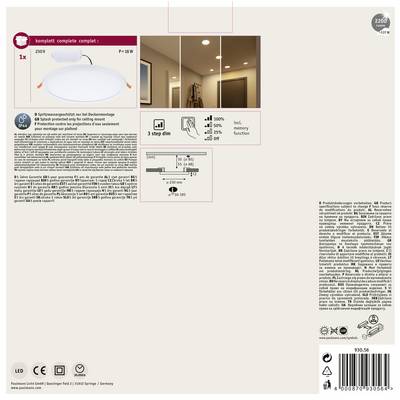 Die Verpackung zeigt eine runde LED-Deckenleuchte, 230V, 18W, mit einstellbarer Helligkeit in 3 Stufen. Illustration eines Flurs.