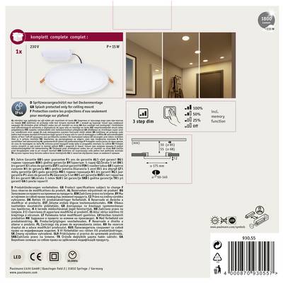LED-Deckenleuchte mit Spritzwasserschutz, 230V, 15W, dimmbar in drei Stufen. Enthalten: 1 Leuchte, geeignet für Deckenmontage, Schutzart IP44.
