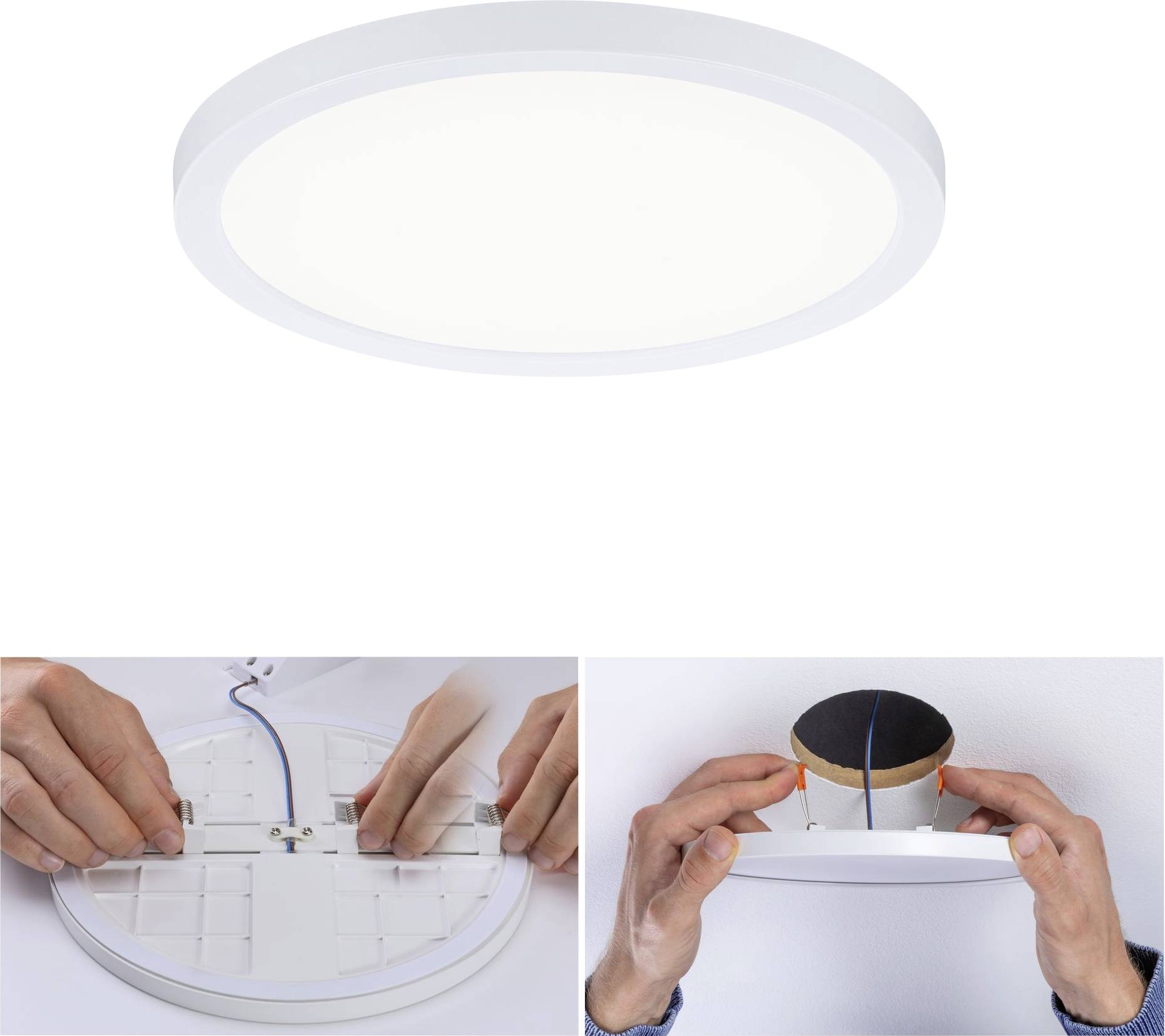 Runde LED-Deckenleuchte, oben leuchtend. Unten: Hände montieren die Leuchte an Kabel, dann an eine Decke.