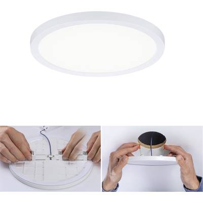 Runde LED-Deckenleuchte, oben leuchtend. Unten: Hände montieren die Leuchte an Kabel, dann an eine Decke.