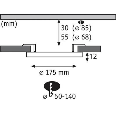Schematische Darstellung einer Einbauleuchte: Durchmesser 175 mm, Höhenmaße 30-55 mm, optionaler Durchmesser 50-140 mm.