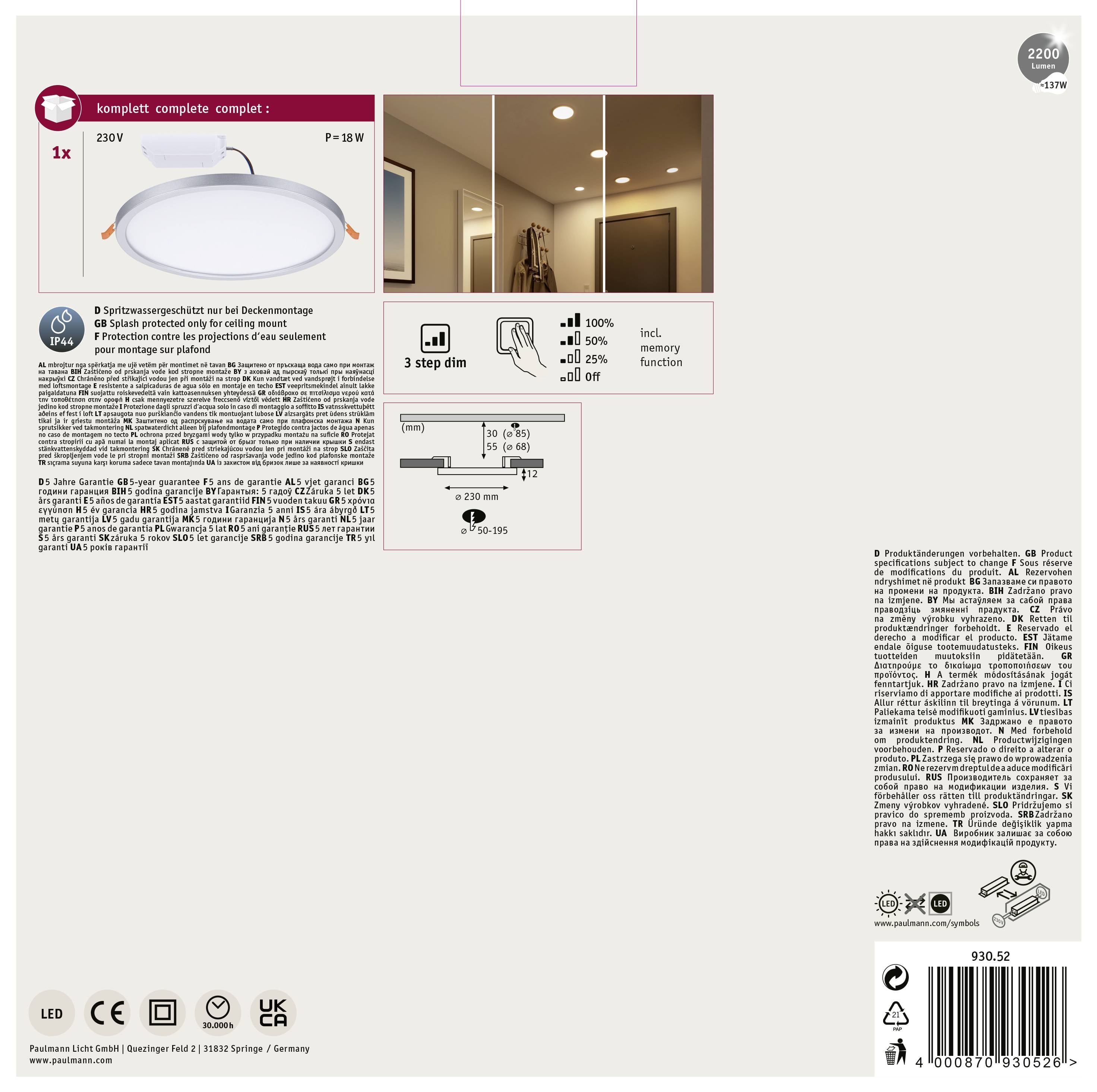 LED-Deckenleuchte-Set, 18W, dreifach dimmbar, 220V, inklusive Installationszubehör, geeignet für Flure und Wohnzimmer.