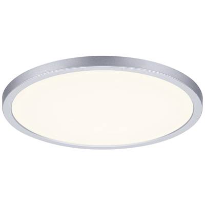 Runde Deckenleuchte mit silbernem Rahmen und diffusen, weißen Lichtaustritt. Einfaches Design, geeignet für moderne Innenräume.