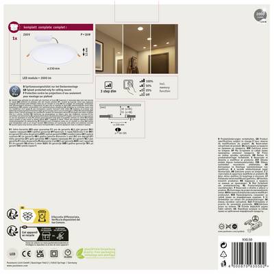 Verpackung einer LED-Leuchte. Zeigt Abbildung der Lampe, technische Details, Anweisungen und Symbole für Energieklasse und Recycling.