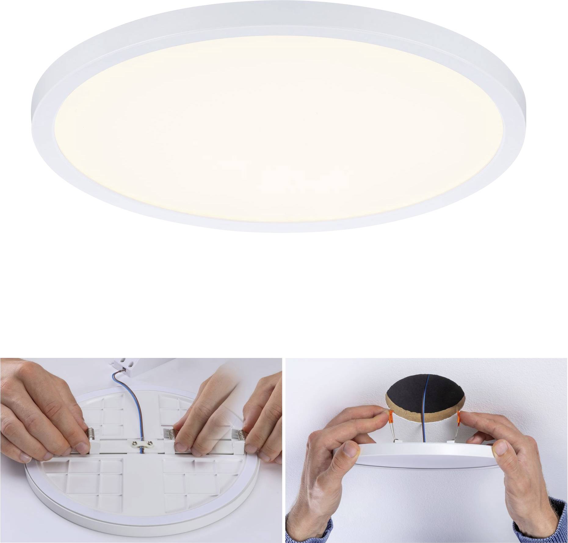 Runde LED-Deckenleuchte. Unten: Zwei Schritte der Installation, bei denen Hände das Licht befestigen und Kabel verbinden.