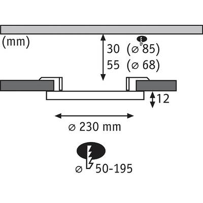Diagramm einer Einbauleuchte: Durchmesser 230 mm, Deckendicke 12 mm, Lochdurchmesser Ø 85 mm (min. 30 mm) oder Ø 68 mm (min. 55 mm).