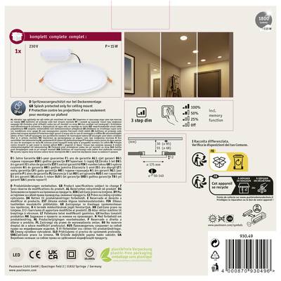 'Verpackung einer LED-Deckenlampe. Hauptmerkmale: 15W, IP44, 230V. Enthält Montageanleitung und Abbildung der Lampe in einem Raum.'
