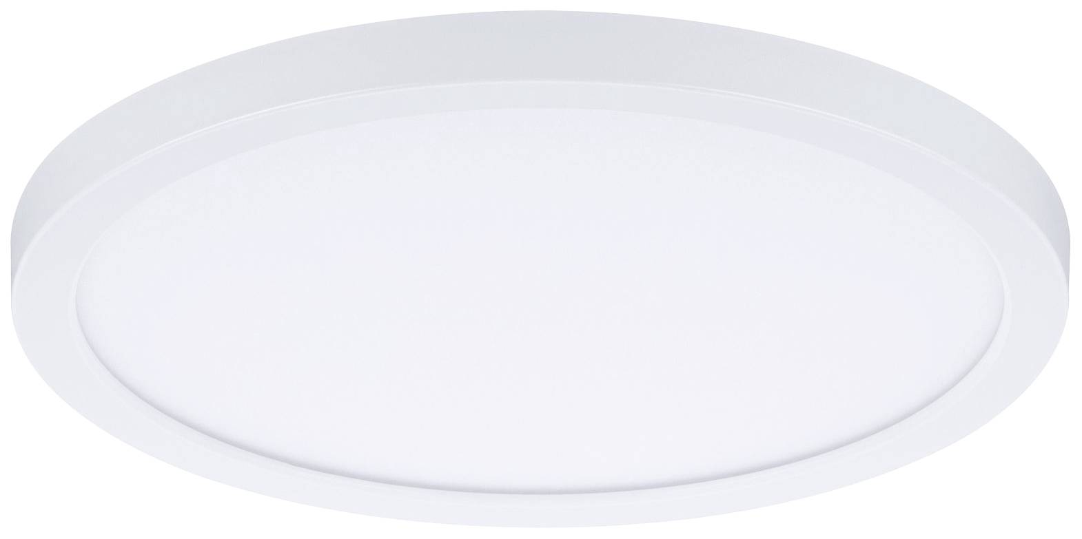 Runde, weiße Deckenleuchte mit schlichtem Design vor neutralem Hintergrund.