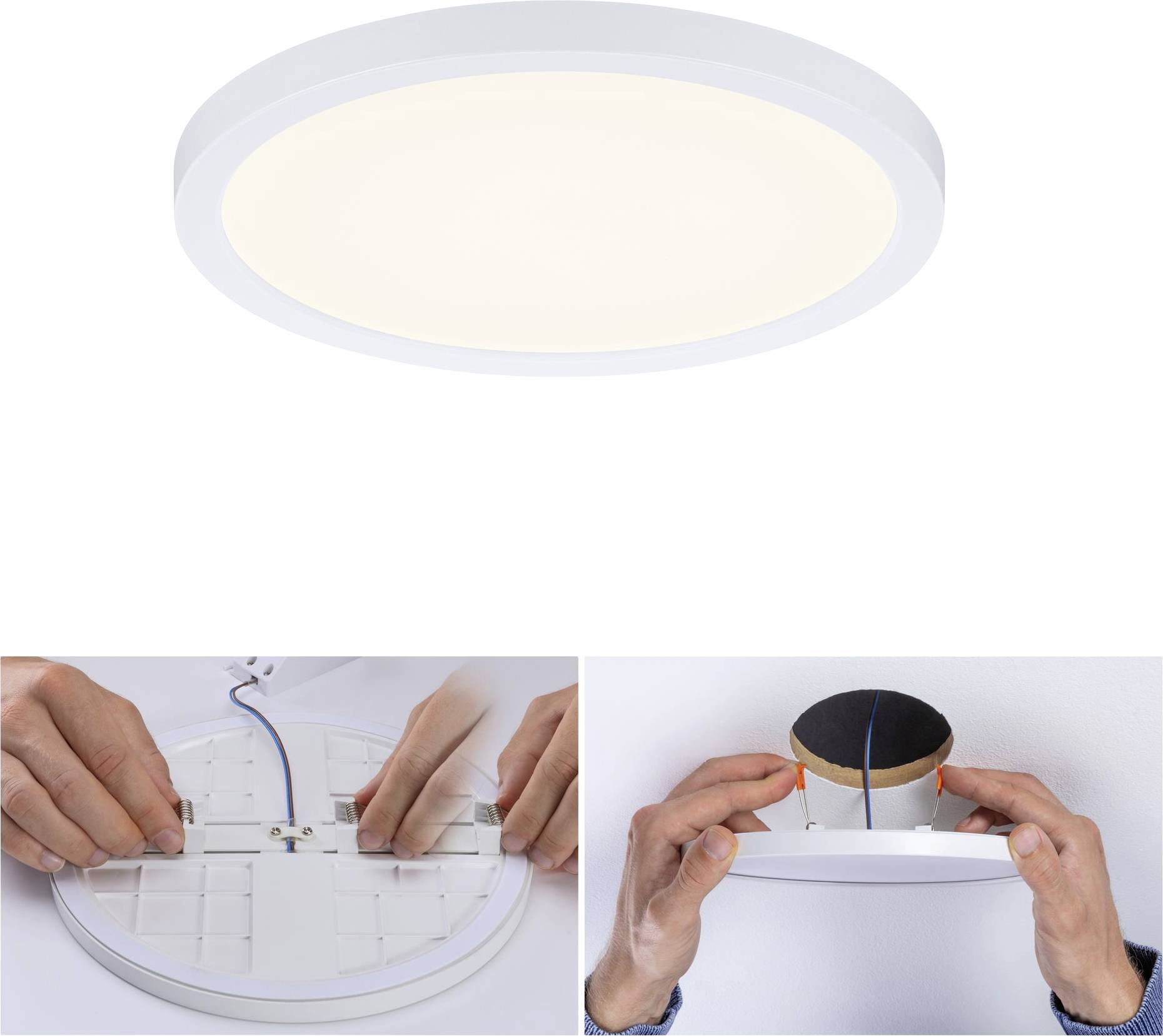 Oben zeigt das Bild eine runde LED-Deckenleuchte. Unten zeigt es Hände, die die Lampe anschließen und an die Decke montieren.