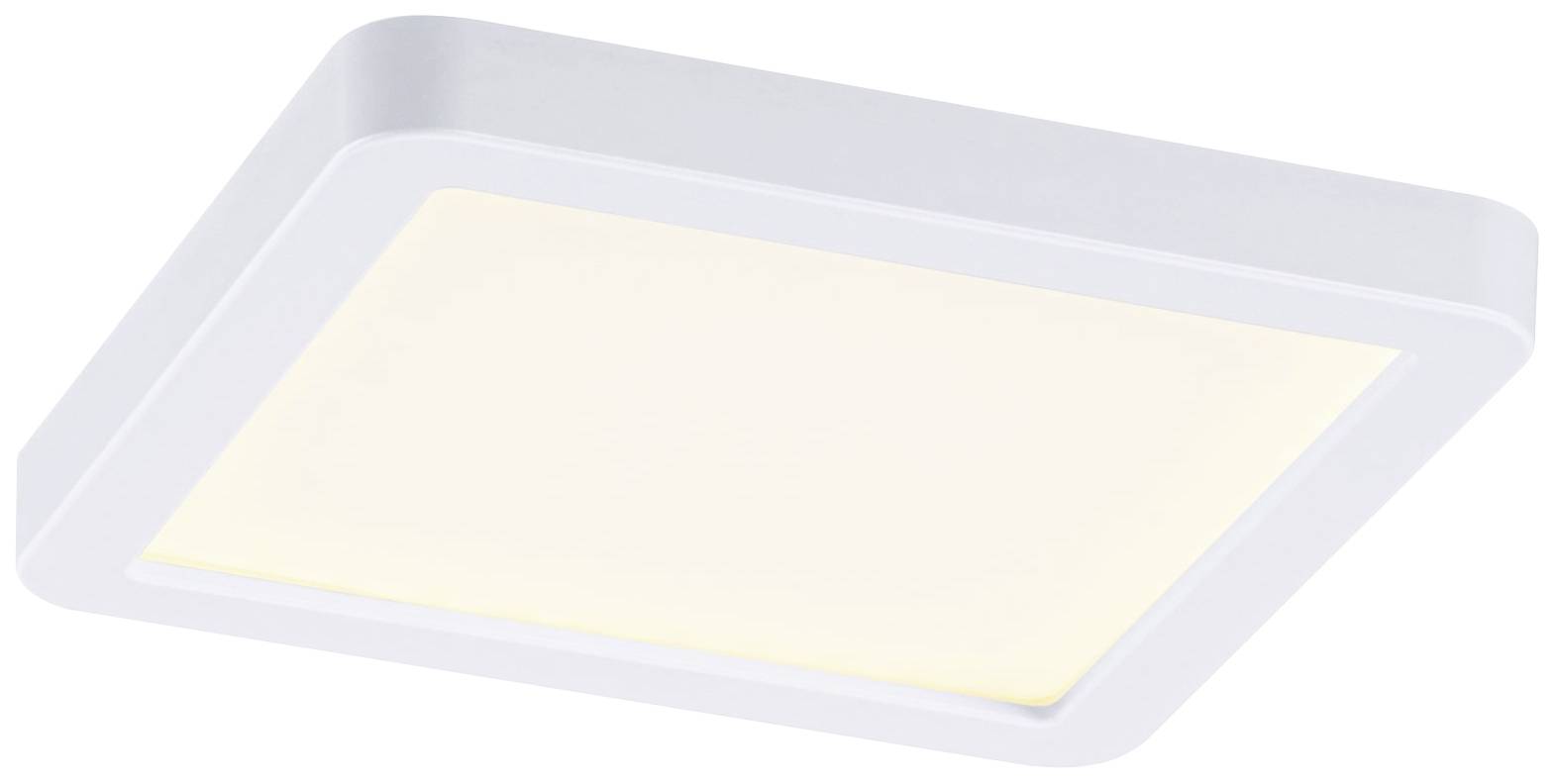 Rechteckige, flache Deckenleuchte in Weiß, leuchtet warmweiß. Geeignet für moderne Innenräume.