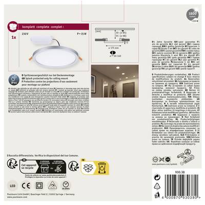 'LED-Panel 230V, 15W' inklusive Zubehör und Montageanleitung. Bild zeigt montiertes Panel in einem Flur mit weiteren technischen Details.